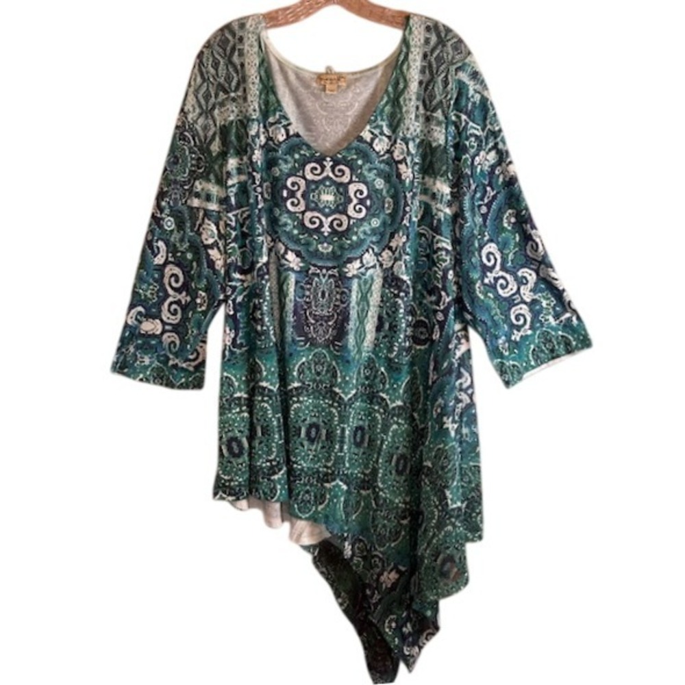 One World Women's Boho Green Blue Paisley Printed Long Tunic Blouse Plus Size 3X
